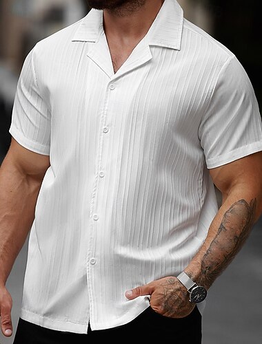  Voor heren Overhemd Zomer overhemd Normaal shirt Strand hemd Overhemd met knopen Wit Korte mouw Effen Overhemdkraag Vakantie Hawaii Kleding Polyester Modieus Casual Comfortabel