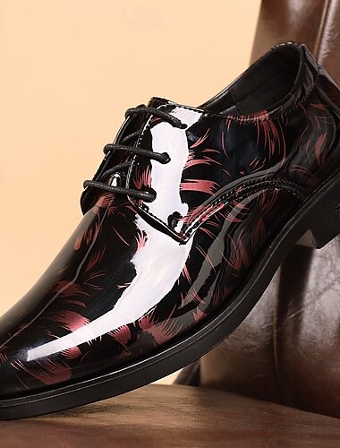  scarpe oxford nere in vernice da uomo – scarpe eleganti con lacci lucide con motivo a piume rosse per matrimoni ed eventi formali