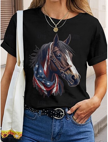  Ανεξαρτησίας Γυναικών T Shirt Βαμβακερό Σακάκι Γραφικό Ζώο Σημαία Καθημερινή Κοντές Μανίκες Στρογγυλός Λαιμός Κανονικά Μπλουζάκια Εκτύπωση Μαύρη Καλοκαίρι