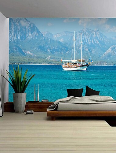  Paisaje océano Tapiz colgante Arte mural Tapiz grande Decoración fotográfica Fondo manta Cortina Decoración del hogar dormitorio sala de estar Barco navegado