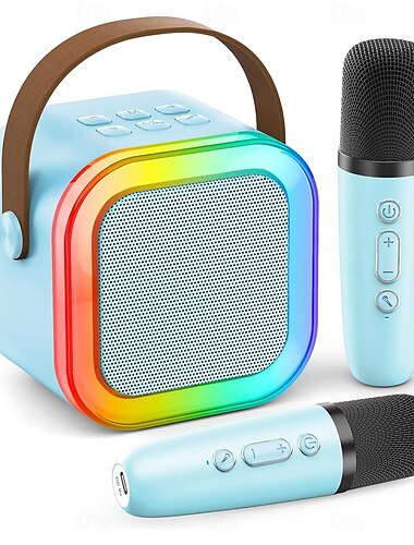  Mini-Karaoke-Maschine, tragbares Bluetooth-Mini-Karaoke-Mikrofon, Gesangslautsprecher mit 2 kabellosen Mikrofonen und Licht für alle Smartphones