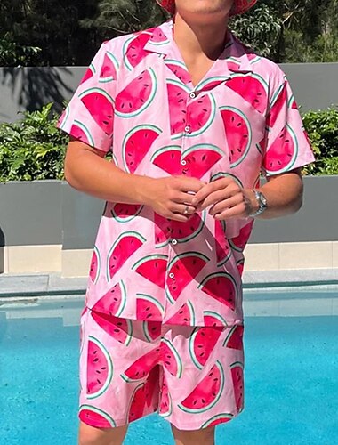  Homme Incarnadin 2 pièces Ensembles de chemises Chemise Manche Courte Pantalon court Col cubain Vacances Décontracté Quotidien Soirée Occasionnel Quotidien Impression 3D Été Rose Dragée
