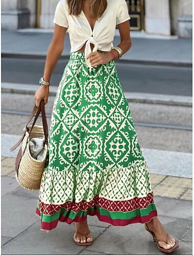  Damenrock Maxirock A-Linie Swing Bohemia Ethnisch Legere Maxirocken Hochtaillierte Blumenmuster Mikro-elastisch Urlaub Straße Schwarz Hellgrün Blau Lila Sommer Polyester