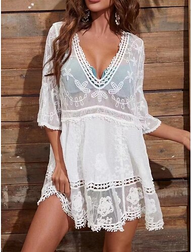  Trajes de baño de mujer Cubrir Vestido de baño Traje de baño Bordado de encaje Trabajo de playa de vacaciones Color sólido Cuello en V Manga larga Trajes de baño