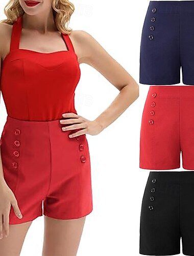  short extensible taille haute pour femme, short marin boutonné vintage, short pin-up