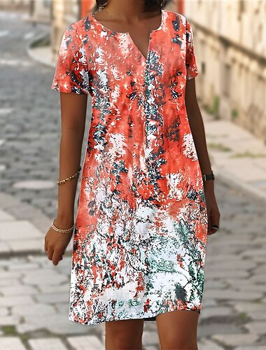  Dames Mini Jurk Shift Jurk Casual Dagelijks Regular Fit Bloem Grafisch Korte Mouw Notch Hals Oranje Zomer Lente