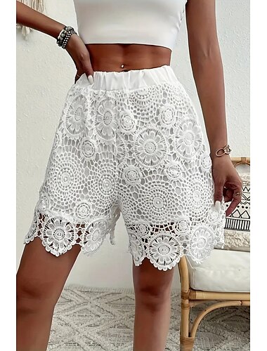  Dam Shorts Byxor Streetwear Ledigt Kort Naturlig Slät Spets Mateial som andas Mjuk Bekväm Microelastisk Ledigt Streetwear Vit Sommar Normal