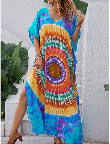  Damen Midikleid Etuikleid Sportliches Kleid Brautkleider schlicht Urlaub Täglich Strand Lockere Passform Graphic 3/4 Ärmel V Ausschnitt Armeegrün Regenbogen Sommer