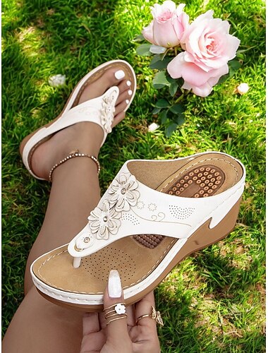  sandales compensées tongs pour femmes avec semelle intérieure massante – pantoufles tongs bohèmes florales pour l'été décontracté, la plage et le confort en plein air