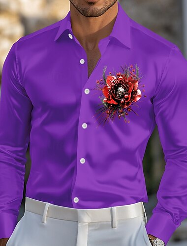  Kentucky Derby Herren Rose Blumendruck Satinhemd Kleidhemd Knopfhemd Langarm Modisch lässig Hochzeit Urlaub Abendgesellschaft Sommer Frühling Umlegekragen Hemden mit Kragen 3D-Druck Lustige Kentucky