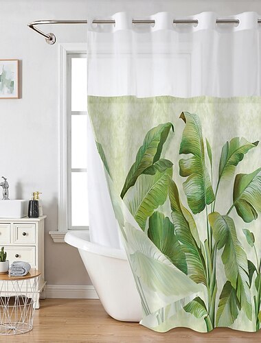  Bladeren Wafel-Weef Textuur Douchegordijn Set met Snap-in Voering en Doorzichtige Raam Waterafstotend Polyester Grommet Bovenkant 120GSM Hotelkwaliteit Spa Style Badkamer Scheiding Geen Haken Vereist