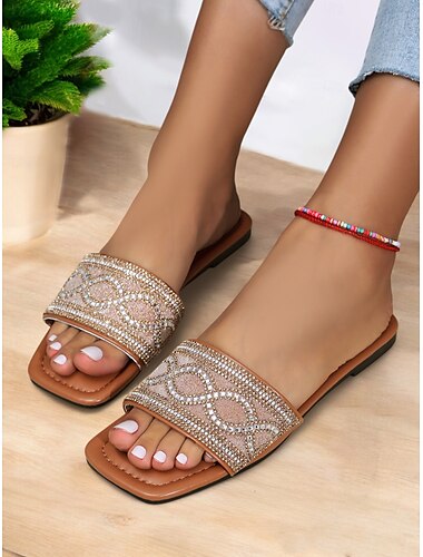  sandale slip-on impodobite cu strasuri maro – sandale plate elegante de vara pentru femei