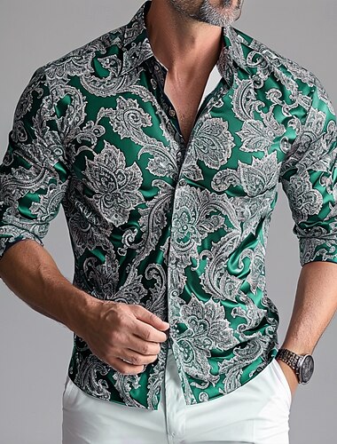  Herren Hemd Satinhemd Sommerhemd Freizeithemd Knopfhemd Wein Blau Grün Langarm Blumen Paisley-Muster Kragen Urlaub Lässig Bekleidung Elegant Mode Lässig