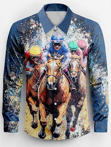  ケンタッキーダービー 男性用 競馬 シャツ ボタンアップシャツ 長袖 ヴィンテージレトロ 祝日 祭り 夏 春 折襟 3Dプリント 面白いケンタッキーダービーシャツ ブルー