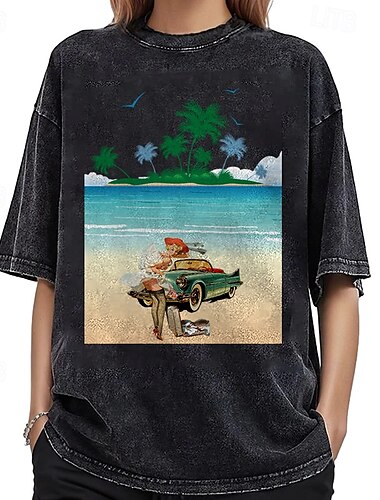  T-shirt T-shirt oversize lavata con acido Manifesto retrò Ragazza retrò Grafico Per Coppia Per uomo Per donna Adulti Mascherata Stampa a caldo Casual Quotidiano