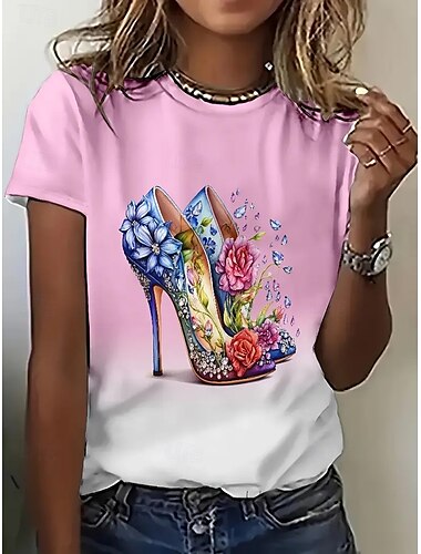  女性用 Tシャツ 夏のトップス グラフィック コサージュ クラシック カジュアル 半袖 クルーネック クロップトップ 日常 週末 プリント レインボー 夏 春 秋