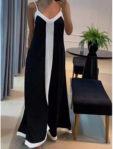  Robe maxi femme robe en A robe en couleur unie robe glissante robe dénudée décontractée plein air sortie ajustement régulier graphique sans manches bretelles spaghetti noir été