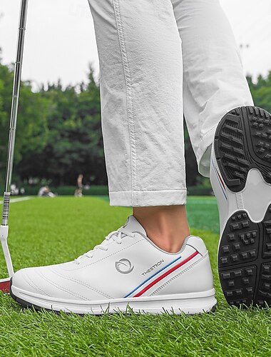  eleganta vita golfskor för män med trefärgad rand, vattentätt läder, perfekt för professionellt golfspel