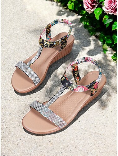  Damen-Keilsandalen mit T-Riemen und Blumenmuster und Strasssteinen – stylische Sommerschuhe mit offener Spitze für Freizeit und Strand
