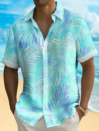  Herren Palmblatt Tropische Pflanzen Hemd Hawaiihemd Sommerhemd Knopfhemd Kurzarm Hawaiianisch Resort Urlaub Festtage Strandbekleidung Sommer Frühling Umlegekragen 3D-Druck Hemden mit Kragen Blau