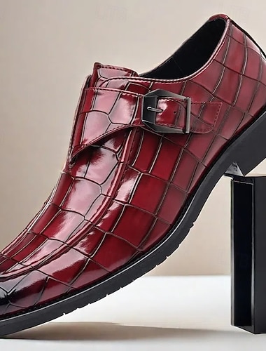 burgunder krokodillemønster for menn kjolesko i imitert skinn med spenne, elegant fottøy for formelle og forretningsmessige anledninger