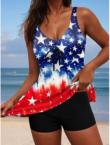  Onafhankelijkheidsdag Vrouwen Patriot Veteran Zwemkleding Patriottische Vierde van Juli Tankini 2-delige Boyleg Zwemkleding Strapless Buikcontrole Hoge Taille Slanke Vakantie Strandkleding Bloem
