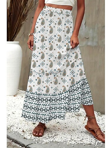  Dames Rok Modieus Boho Maxi Medium taille Rokken Bloemig Afdrukken Micro-elastisch Straat Uitgaan Rood Zomer Polyester