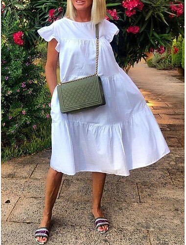  Per donna Mini abito Vestito bianco Abito casual Vestito svasato Prendisole Elegante Di tendenza Giornaliero Vestito estivo Morbido Liscio Colore puro Manica corta Girocollo Rosa cipria Nero Bianco