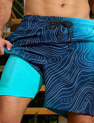  Herr Geometrisk Gradientfärg Fodrade shorts 2 i 1 simshorts Badshorts Medium Midja Hawaiisk Semester Helgdag Standkläder Sidfickor Med kompressionsfoder Elastisk dragsko i midjan Designer Kläder