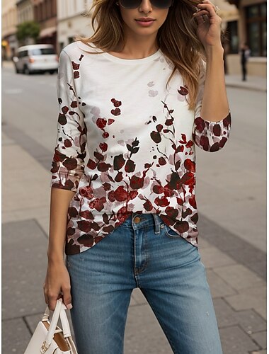  Dames T-shirt Ombre Blad Elegant Casual Lange Mouwen Crew Neck Regelmatige Tops Dagelijkse Uitgaan Strandkleding Print Blauw Zomer Lente