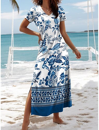  Per donna Abito maxi Vestito Casual Abito a trapezio Elegante Casual Vacanza Quotidiano Vestibilità regolare Floreale Manica Corta Scollo a V Rosa chiaro Blu Verde Estate