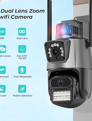  Drahtlose Sicherheitskamera mit zwei Objektiven für den Außenbereich, IP66, 1080p, HD, WLAN, PTZ-Kamera, IP-Überwachungskamera mit Zweiwege-Audio, Farbnachtsicht, Bewegungserkennung für Google
