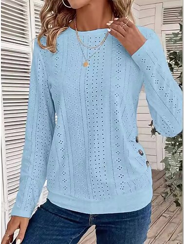  Damen T Shirt Einfach Mode Modern Langarm Rundhalsausschnitt Normale Oberteile Täglich Lochmuster Schwarz Weiß Himmelblau Sommer