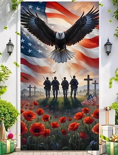  4. Juli Veteranen-Tag Türdekorationen Türabdeckungen Amerikanische Türteppich Türvorhang Dekoration Hintergrund Innen-/Außentürbanner für Haustür Bauernhaus