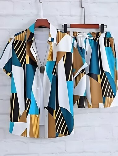  Herren Geometrisch 2St Hemden-Sets Sommeroberteile Kurzarm Kurze Hosen Umlegekragen Lässig Resort Outdoor Lässig Täglich 3D-Druck Sommer Rubinrot