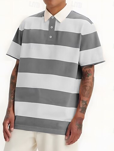  Men's Horizontal Stripes Rugby Polo Short Sleeve Polo Shirts Collared Shirts Casual School Outdoor Athleisure Daily Wear Buttons 3D Print Summer Pink Blue Purple