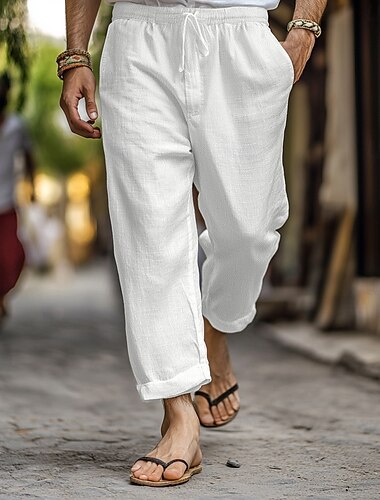  Hombre Pantalones de lino Pantalones Pantalones de verano Pantalones de gasa Correa Cintura elástica Pierna recta Plano Comodidad Transpirable Longitud total Hogar Casual Diario Moda Estilo clásico