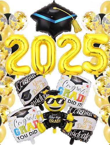  Ballon-Dekorationsset für die Abschlussfeier 2025, Aufbau der Abschlussparty und Zeremonie, Cartoon-Abschlusskappen-Ballons, Szenendekor für die Feier