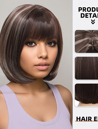 Perucas sintéticas Kinky Liso Reta natural Corte Assimétrico Franja Lisa Fabrico à Máquina Peruca 12 polegadas A1 Cabelo Sintético Mulheres Clássico Adorável Confortável Cinzento Escuro