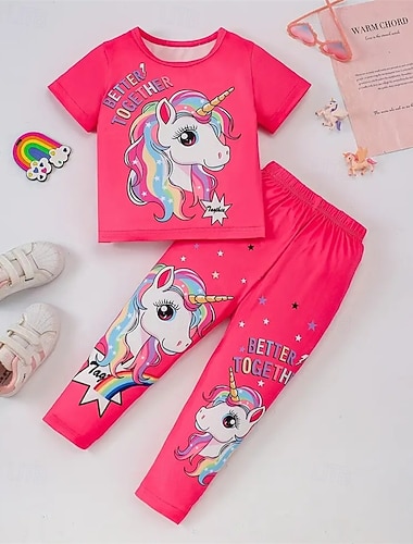  Ragazze 3D Unicorno Set Pigiama Set Pigiama Maglietta & Pantaloni Manica Corta Stampa 3D Estate Primavera Attivo Essenziale Bambini Dai 4 anni in su Girocollo Casa Quotidiano Vestibilità regolare