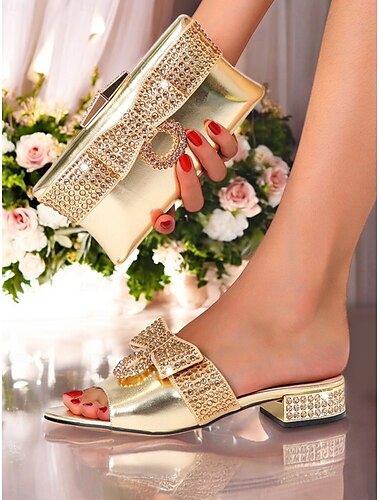  Flache Sandalen mit goldener Strass-Schleife und passender Clutch – luxuriöse Hochzeits- und Abendschuhe für Damen