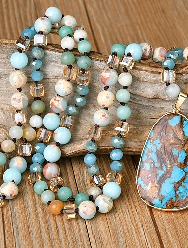  collier noeud en cristal de verre en pierre naturelle - pendentif en pierre impériale carrée de style vintage bohème - chaîne de pull pour femme