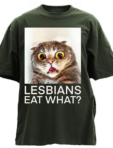  男性用面白い「レズビアンは何を食べる？」驚いた猫のミームグラフィックTシャツショートスリーブ
