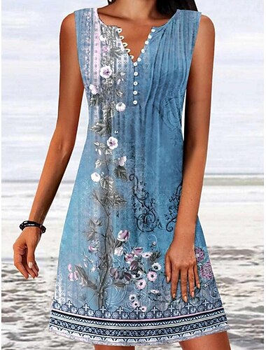  Damen Minikleid A-Linie Kleid T-Shirt Kleid Tee Kleid Off-Shoulder Kleid Lässig Urlaub Alltag Reguläre Passform Floral Grafisch Ärmellos V-Ausschnitt Pink Blau Grün Grau Sommer