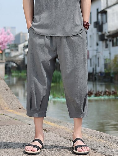  Herren Caprihose Shorts Leinenshorts Sommershorts Strandshorts Kordelzug Elastischer Bund Baggy Einfach Komfort Atmungsaktiv Wadenlang Outdoor Lässig Täglich Mode Retro Vintage Schwarz Weiß
