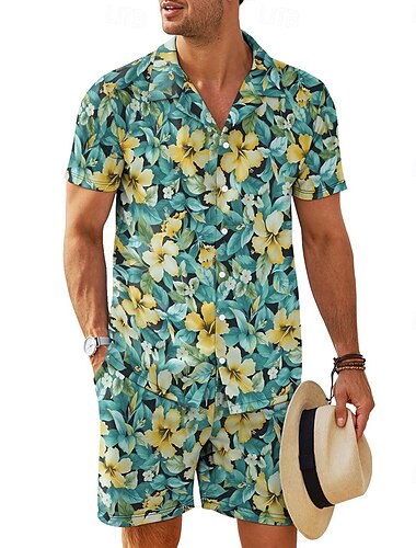  Herren Blumen 2St Hemden-Sets Hemd Kurzarm Kurze Hosen Kubanisches Halsband Urlaub Lässig Täglich Urlaubskleidung 3D-Druck Sommer Rubinrot Grün Braun