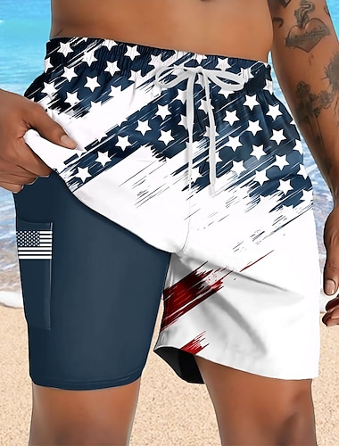  Herr Amerikanska amerikanska flaggan Patriotisk Fodrade shorts 2 i 1 simshorts Badshorts Medium Midja Hawaiisk Semester Helgdag Standkläder Sidfickor Med kompressionsfoder Elastisk dragsko i midjan