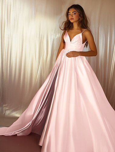  rosa A-Linie Ballkleid elegantes formelles Hochzeitskleid bodenlang ärmellos Spaghettiträger Satin mit Schlitz 2025