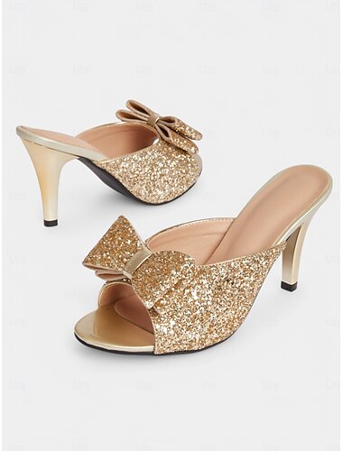  Mules à talons aiguilles pour femmes avec nœud à paillettes dorées – chaussures glamour pour soirées et dîners romantiques
