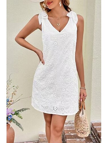  Damen Minikleid Weißes Kleid Abschlusskleid Spitzenkleid Mode Outdoor Urlaub Ausgehen Normale Passform Einfach Ärmellos V Ausschnitt Weiß Sommer